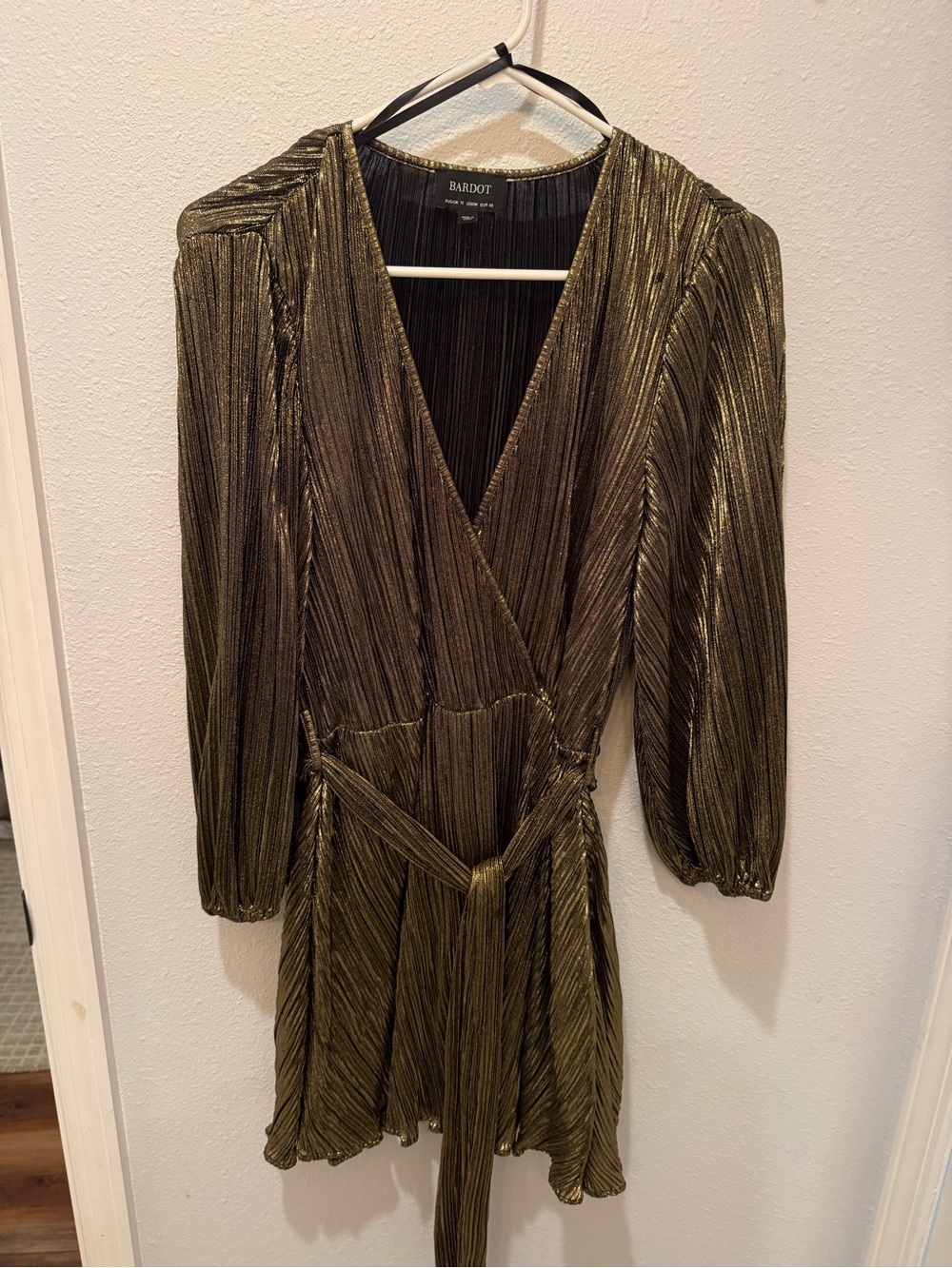 Bardot Olive-Gold Pleated Wrap Long Sleeve Dress